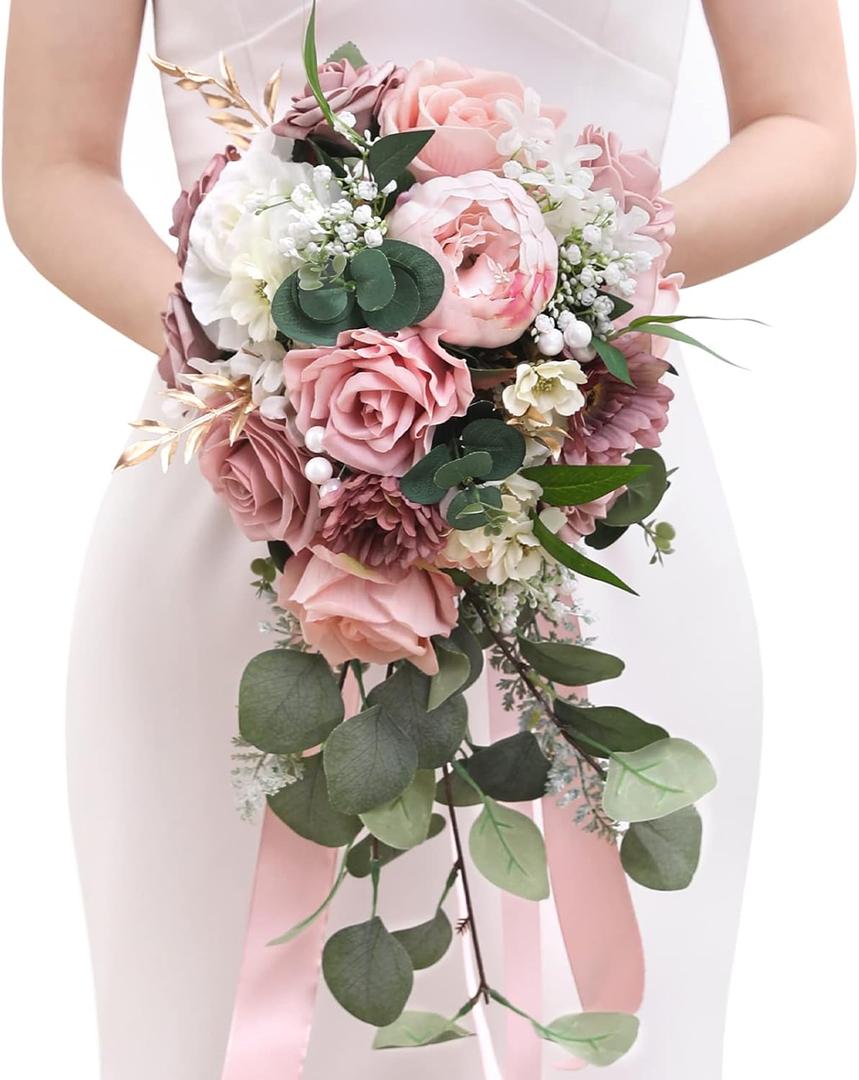 Serwalin 9.8 Inch Wedding Bouquets for Bride Bridesmaid, Dusty Pink Peonies Bridal Bouquets for Bride, Wedding Flowers Bouquet Tossing Bouquet, Wedding Ceremony and Anniversary Day Decor