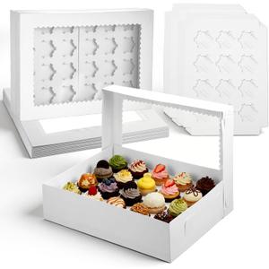 10 Pack Cupcake Boxes with Window and Inserts, 24 Pcs Mini Cupcakes Container Corrugated White Bakery Boxes for Birthday Holiday Party Bakery Supplies (15x11x4 Inch)