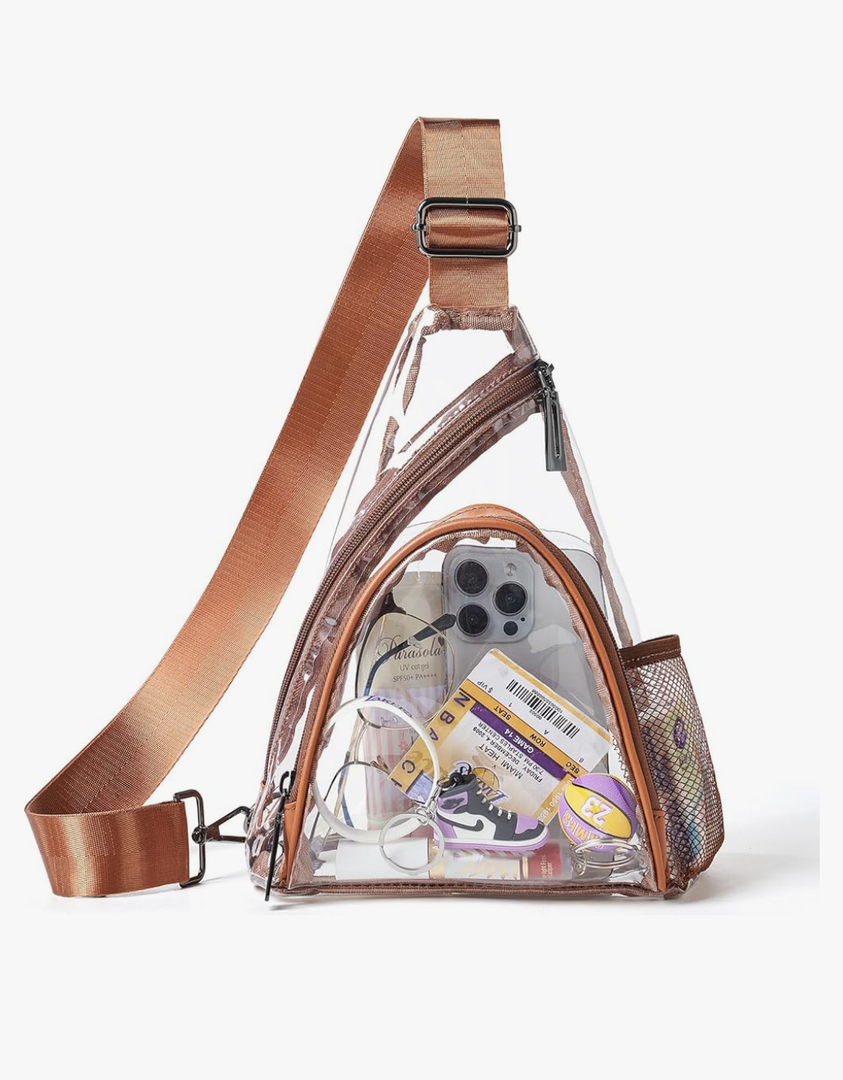 Sling Bag For Women Men Backpack Fanny Pack Crossbody Chest Travel Shoulder Belt Bags Purse Handbag PU Leather, Clear Purse-Brown