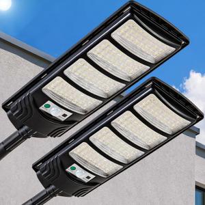 Solar Street Lights Outdoor Waterproof, LED Dusk to Dawn Solar Light, Flood Lights with Motion Sensor and Remote Control, for Exterior Wall, Patio, Yard, Deck, Garden,Parking Lot Lights(2-Pack) (Black)
