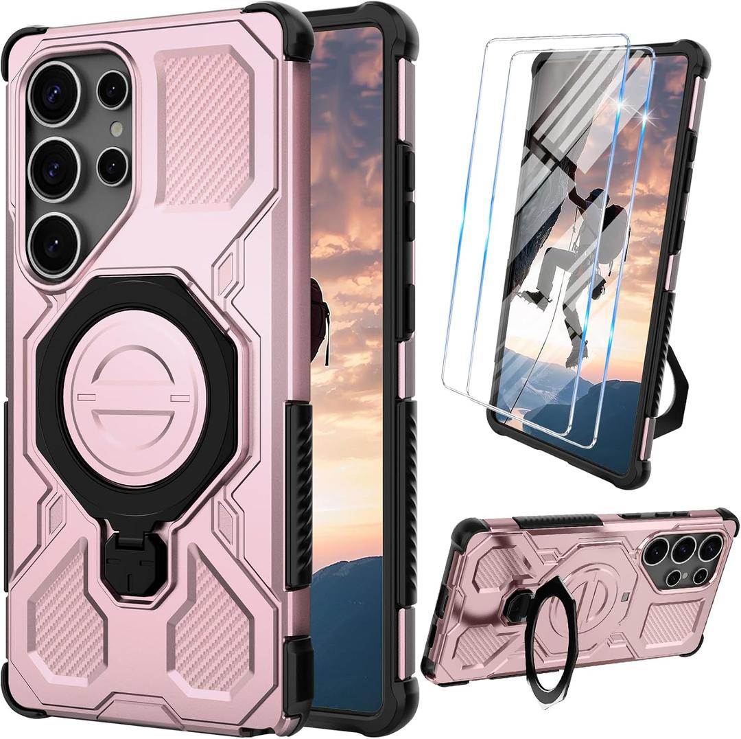 for Samsung Galaxy S25 Ultra Case with Tempered Glass Screen Protector, Heavy Duty Military Grade Shockproof Protective Cover 360 Ring Magnetic Kickstand Cell Phone Case for Samsung S25 Ultra (Pink)