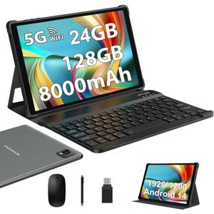 POWMUS 2025 Latest Android 14 Tablets,10 Inch Tablet with 24GB RAM 128GB ROM Expand 1TB,8000mAh Battery, FHD LCD Screen,Support 5G WiFi/BT5.0/GPS, 2 in 1 Android Tablet with Keyboard Gray