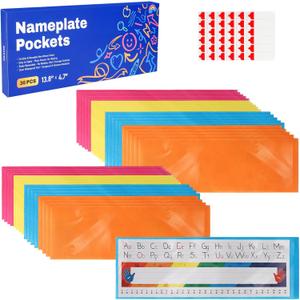 Nameplate Pocket, Name Tag Pockets for Desks, 13.8" x 4.7" Non-Woven Fabric Adhesive Clear Nametag Sleeves Covers for Student Desks, Classroom Suppliers (36 PCS)
