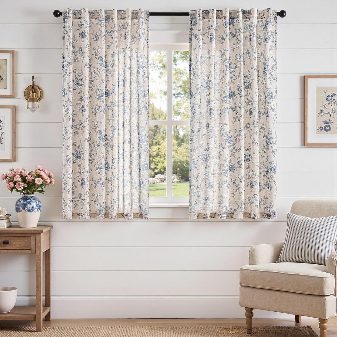 jinchan Amlie Linen Floral Curtains 63 inch Length Curtains for Living Room Bedroom Farmhouse Country Decor Drapes Light Filtering Window Treatment Back Tab Rod Pocket, 2 Panels, Blue