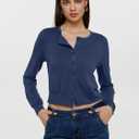 REORIA Womens 2025 Fall Fashion Lightweight Long Sleeve Button Down Casual Wool Blend Cardigan Sweaters (Blue)