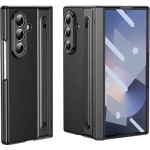 for Samsung Galaxy Z Fold 7 Case with Built-in Compact Writing Pen,Leather Texture,Hinge Protection Wireless Charging,Slim S Pen Phone Case Black 23-Z Fold7-01
