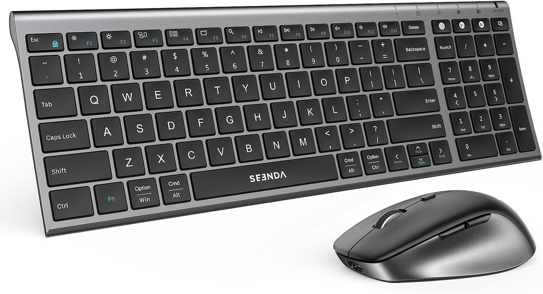 seenda Wireless Bluetooth Keyboard Mouse Combo, COE401 Rechargeable Silent Keyboard Mouse Compact Slim, 3 Multi-Device Connection, Compatible for Windows/Mac PC Laptop MacBook iPad, Black Gray