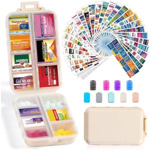 14 Grids Travel Pill Organizer Box with 415-Pcs Medicine Name Labels - Pocket Daily Pharmacy Case Container Kit - Travel Medication Holder Dispenser for Fish Oil Vitamin Supplement Storage - Khaki