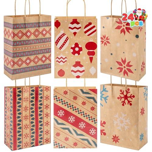 JOYIN 24 PCS Christmas Kraft Gift Bags Xmas Paper Goody Wrap Bags with Durable Handles and Non-Breaking Bottoms for Holidays, Birthdays, Classrooms and Party Favors (8.27 x 5.91 x 3.15)