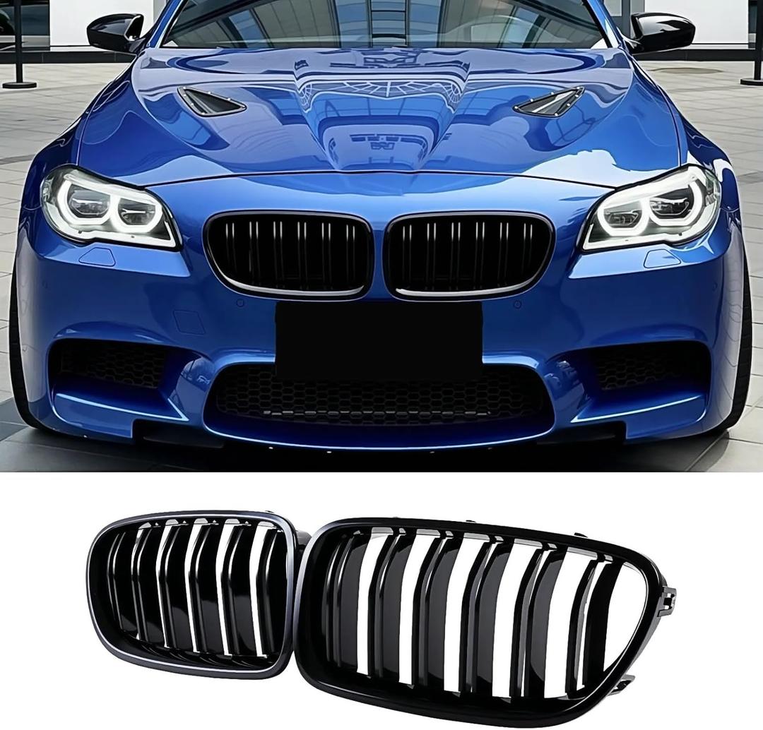 F10 Grille Front Kidney Grill Compatible with BMW 5 series F10 F11 M5 2010-2017 Double Slats ABS Gloss Black Grills 2Pcs (For F10 2010-2017 Double Slats)