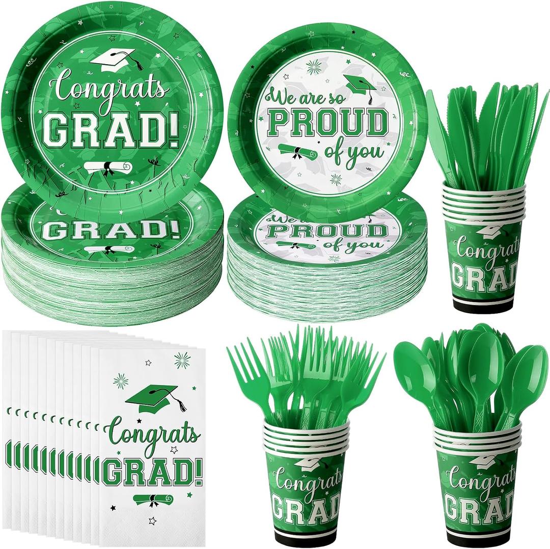 Graduation Party Supplies Congrats Grad Plates and Napkins Set Serve 50, Disposable Tableware Paper Plates Napkins Cups Knives Spoons Forks Straw for Class of 2026 Graduation Party Decorations (Green)