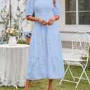 MEROKEETY Women's 2025 Summer Puff Sleeve Smocked Floral Dress Crewneck Lace Flowy Tiered Midi Dresses (Blue, M)
