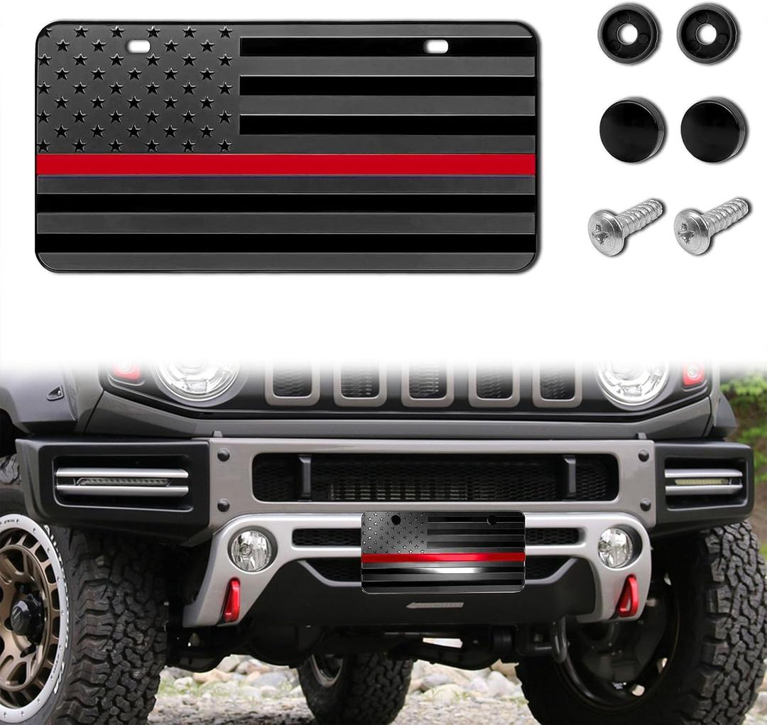 American Flag License Plate, Aluminum 3D Metal Embossed License Plate with USA Flag, Patriotic Embossed License Plate Bracket Frame Holder, 6 x 12 Inch (Black+Red)