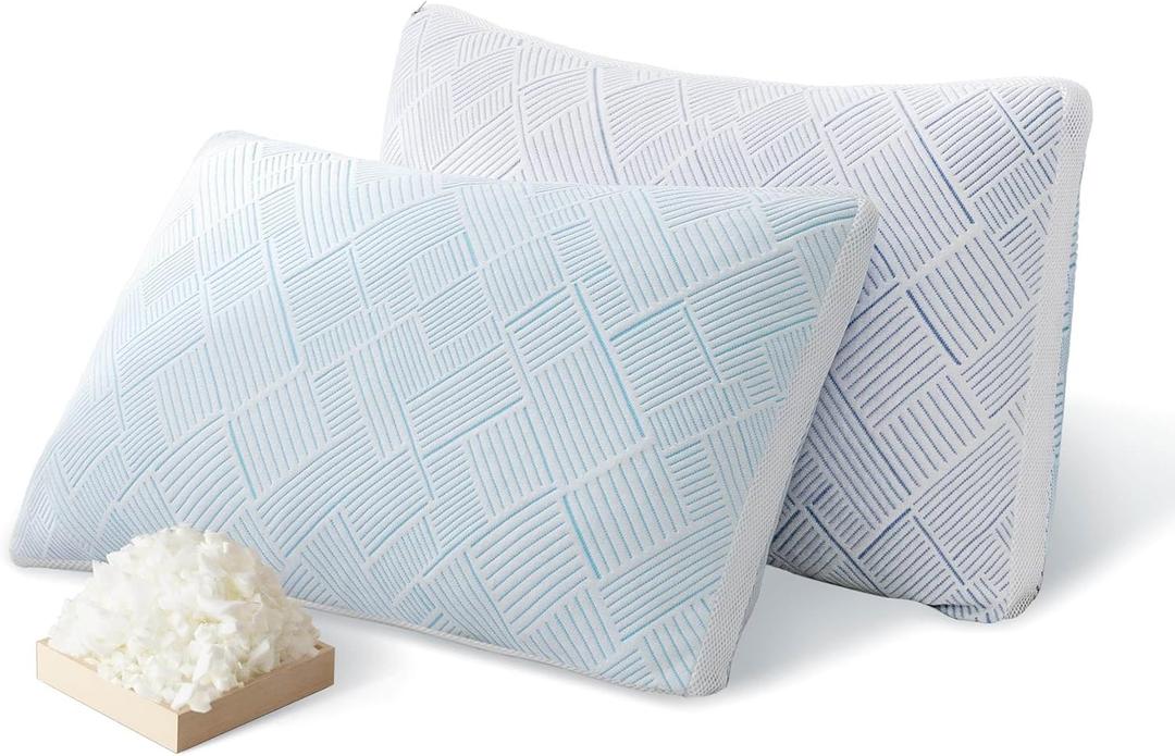 Lyralith Shredded Memory Foam Cooling Soft Bamboo Viscose Pillows Queen Size Set of 2, Adjustable Hypoallergenic Hotel Quality Bed Pillows for Side, Stomach or Back Sleeper, Oeko-TEX Certified