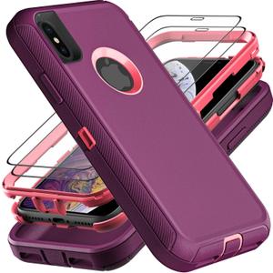 for iPhone X Case/iPhone Xs Case, Military Grade 3 in 1 Heavy Duty Shockproof/Drop Proof/Dust Proof Case with 2Pcs Tempered Glass Screen Protector (Purple/Pink)