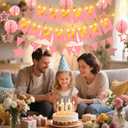 Birthday Decorations,Pink Happy Birthday Banner with Fairy lights,Pennant Banner,Honeycomb Balls and Star Hanging Swirls Streamer Happy Birthday Party Decorations for Women Men Boys Girls