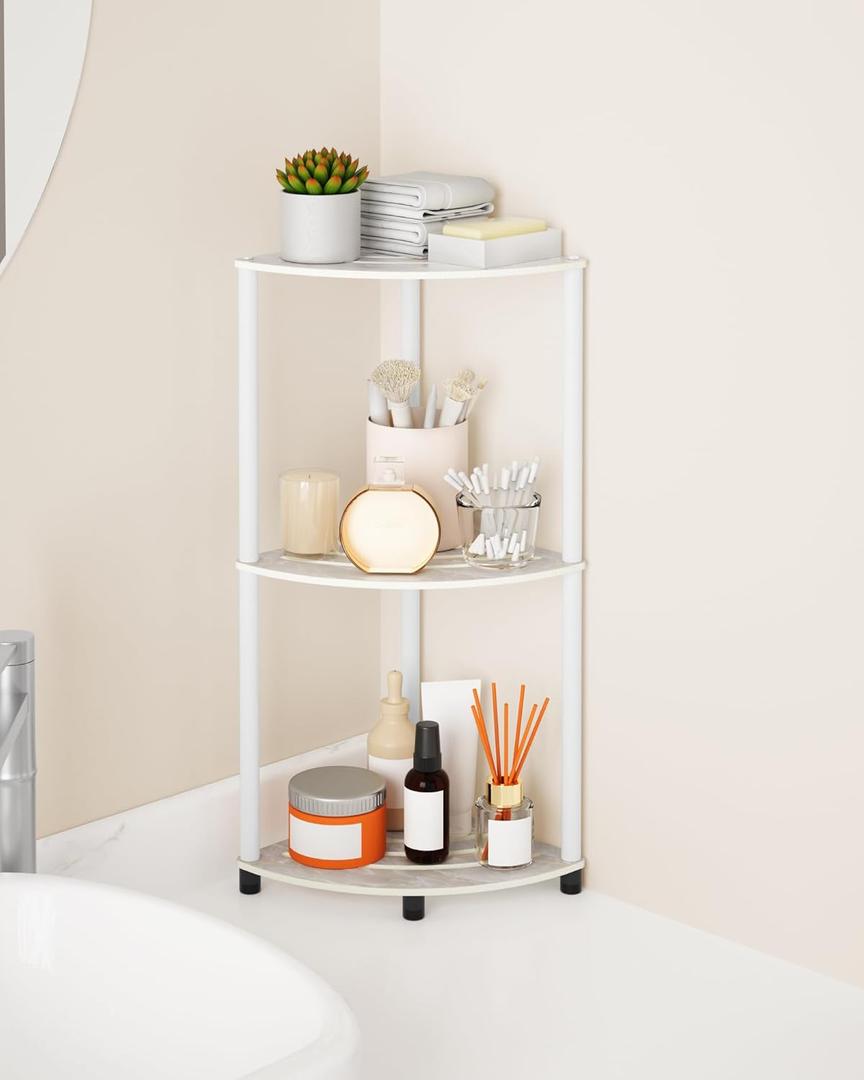 Bathroom Countertop Organizer, 3-Tier Corner Vanity Organizer, Stainless Steel & PVC Panel, Waterproof & Adjustable Floor Standing Storage Shelf, Makeup Counter Tray for Bathroom, Kitchen (White)