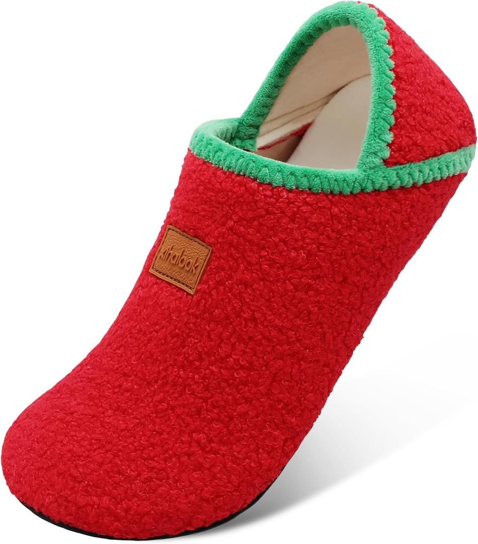 XIHALOOK House Slippers for Women Men Cozy Sock Shoes with Soft Rubber Sole Slip On for Indoor/Outdoor (Red)