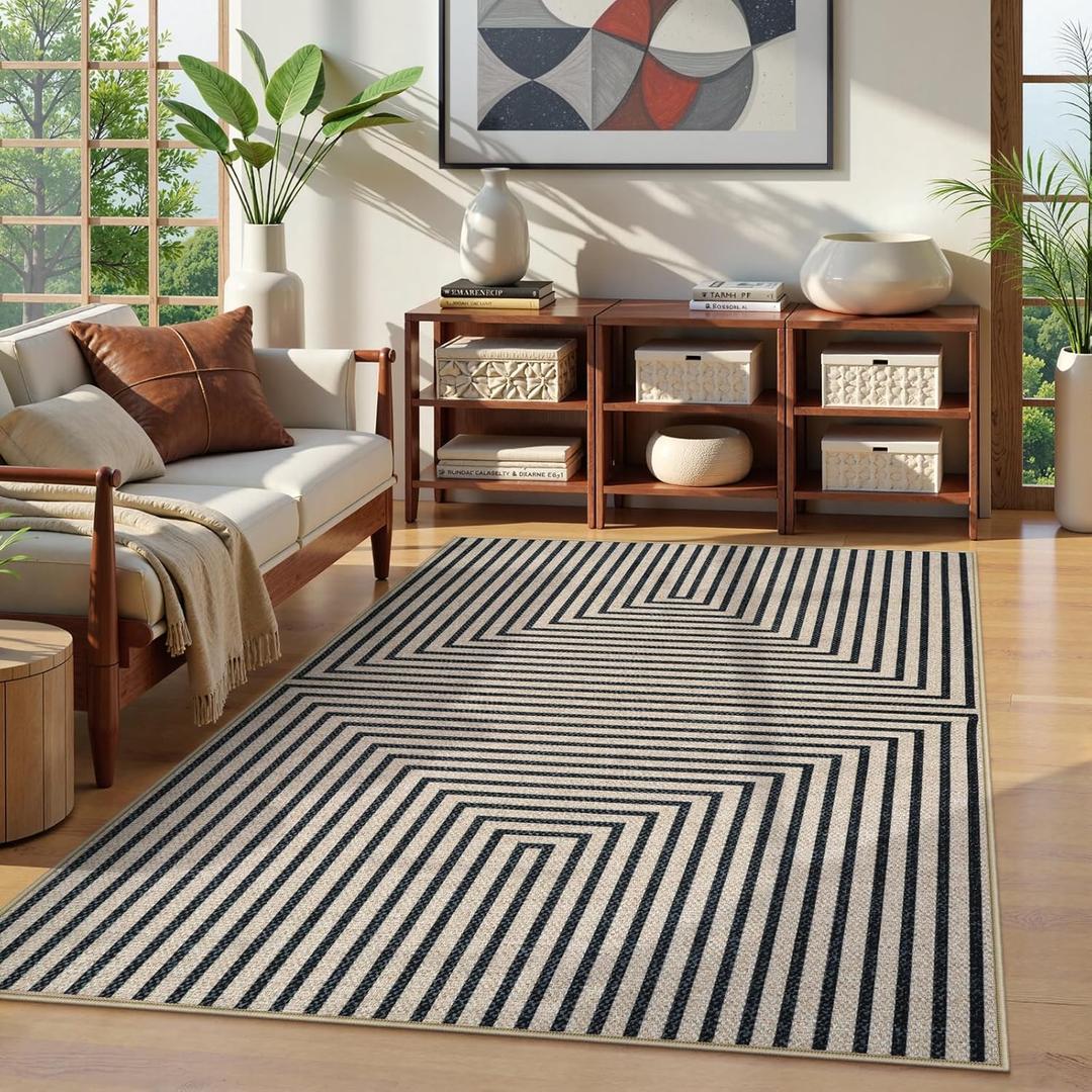 Collive Easy Jute Outdoor Patio Rug 5x7, Modern Geometric Washable Living Room Area Rugs for Dining Room, Woven Outside Carpet Non-Slip Farmhouse Bedroom Carpets for Backyard Camping RV (Black and Nature/Rectangular)