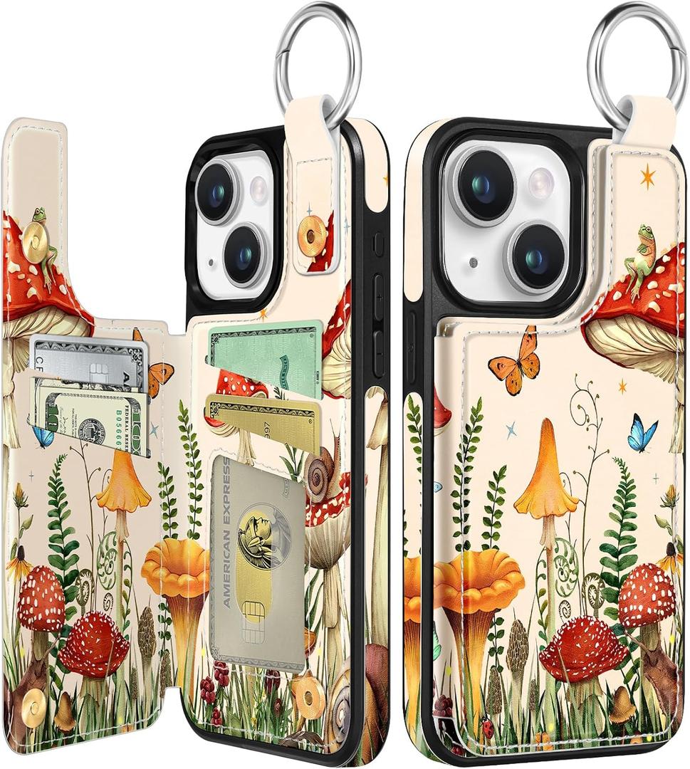 Shorogyt iPhone 14 Plus Folio Wallet Case Phone Cases | Card Holder, Designer Mushroom Frog Pattern, Kickstand, Magnetic Clasp, Back Flip, Leather