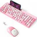 Retro Wireless Keyboard with Round Keycaps, 2.4GHz Full-Size USB Cute Wireless Keyboard Mouse for Computer, Desktop, Laptop and Computer (Pink-Colorful)
