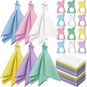 24 Pcs Easter Pastel Cloth Napkin with Wooden Bunny Napkin Rings Set 6 Colors Reusable Fabric Spring Cocktail Napkins Rabbit Ring Holders for Easter Wedding Party Dinner Table Supplies