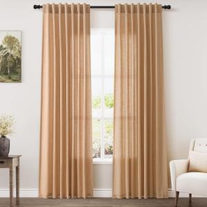 Camel Linen Curtains 84 Inches Long for Bedroom Back Tab Light Filtering Privacy Semi Sheer Drapes Modern Farmhouse Decor Camel Cotton Elegant for Living Room Curtain 2 Panels Set 52x84 Inch