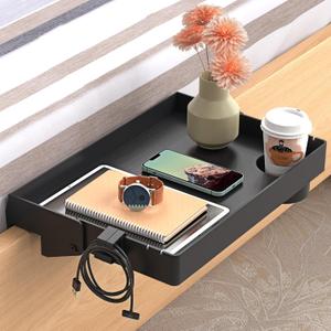 SPACELEAD Bedside Shelf for Bed  College Dorm Room Clip On Nightstand with Cup Holder & Cord Holder -Tray Table Caddy for Students  Bunk Bed Shelf for Organizer Top for Bedroom (BlackPlastic)