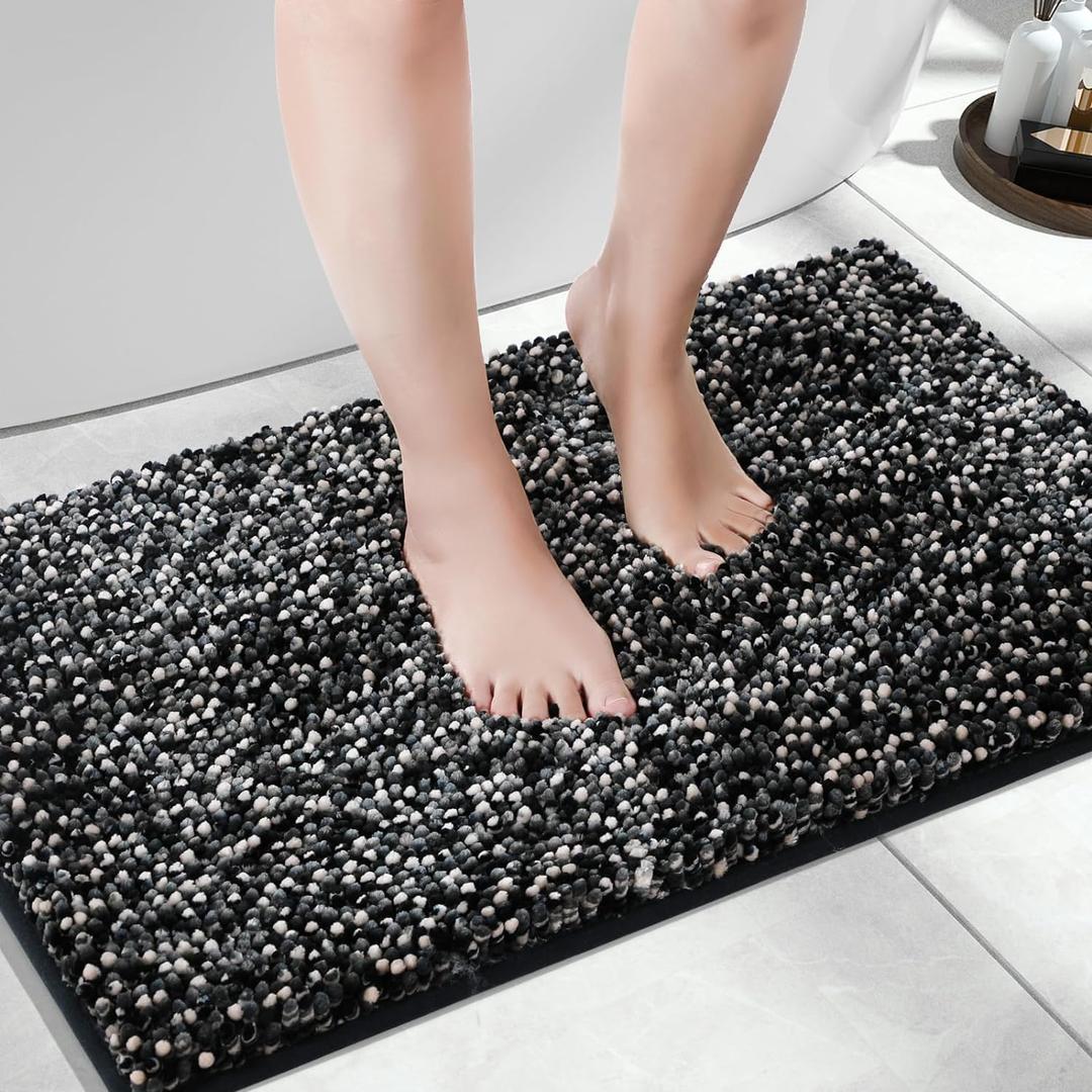 Yimobra Bath Mats for Bathroom Non Slip, 28x17.5, Extra Soft Chenille Bathroom Rugs, Fluffy Plush Luxury Shower Mat Outside, Water Absorbent, Machine Washable, Black & Dark Gray