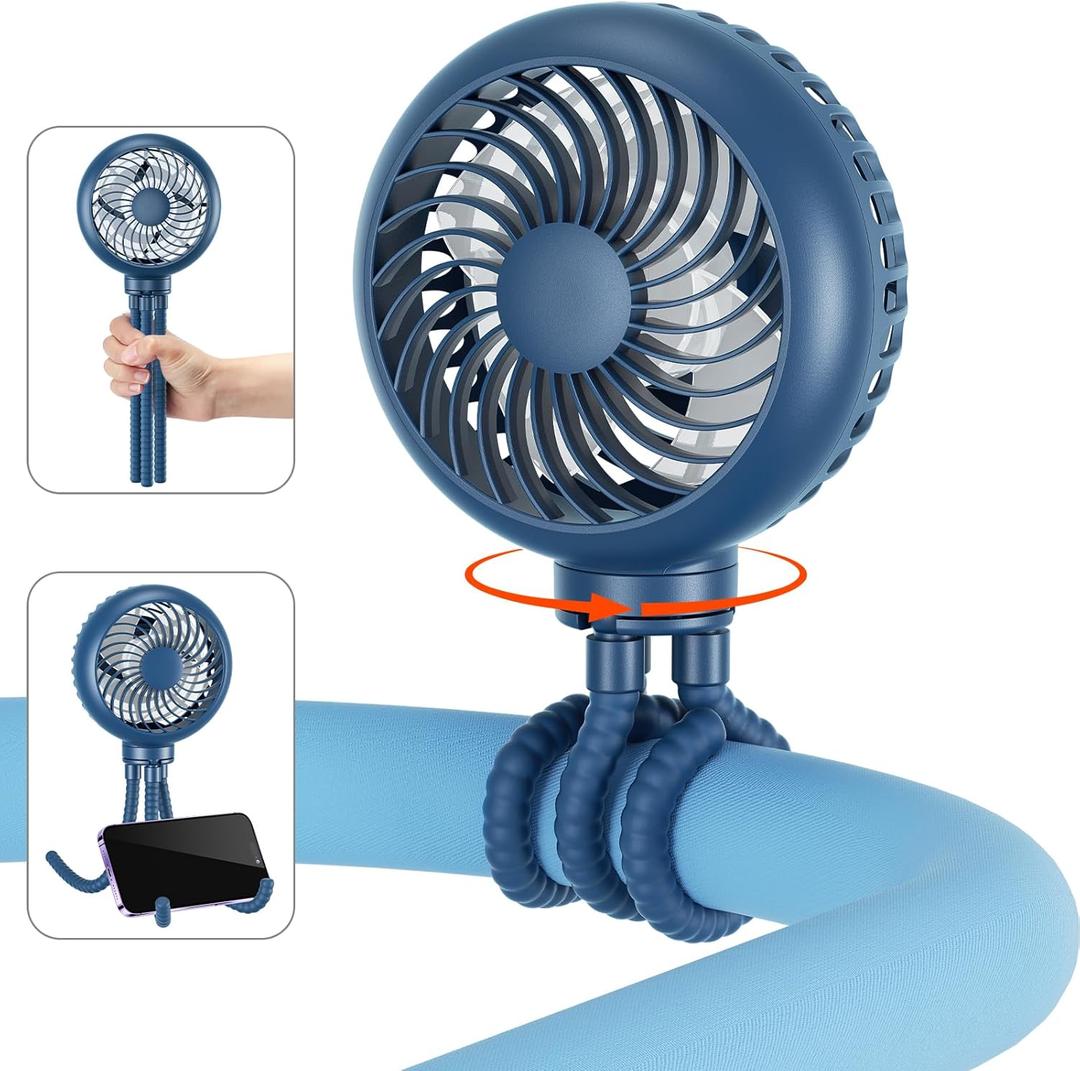 HandFan Portable Stroller Fan [Max 31 Working Hours], Attachable Stroller Fan Clip on for Baby, 4000mAh Rechargeable Battery, 360 Rotate Flexible Tripod, Cooling for Car Seat Crib Treadmill Travel (Blue)