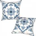 Cafl Boho Geometric Floral Throw Pillow Covers Blue and White Square Pillowcases Cushion Cover 18x18 Inch for Room Sofa Chair Bed Home Decor Set of 2