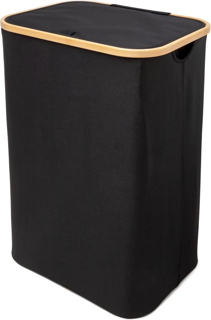 QUALIAZERO 87L Laundry Hamper with Lid Single Section Bamboo Frame Hamper with Removable Inner Bag & Pull-Tab Cover, Slim Design for Bedroom, Bathroom, or Laundry Room (ONYX BLACK, SINGLE)