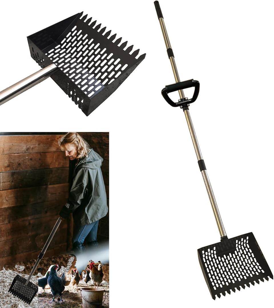 2 in1 Chicken Poop Scooper & Rake 10 Inch Chicken coop Scooper with Ergonomic Grip Adjustable Long Handle (22 to 62") Sifting Shovel Stainless Steel Metal Chicken coop Scoop
