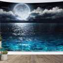 LB Night Sky Ocean Tapestry Full Moon on Sea Tapestry Wall Hanging Fantasy White Cloud Watercolor Wall Art for Bedroom Living Room Dorm Wall Decor, 59Wx51H inches (Blue)