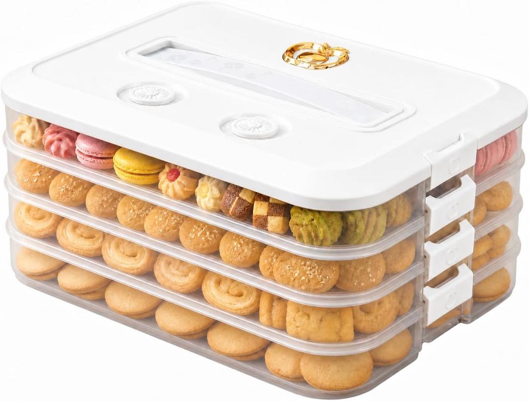 LOEZ 4 Tier Stackable Food Storage Containers, Clear Baked Goods Container for Cookies, Muffins, Macarons and Pizza, Dessert Carrier with Lid (White)