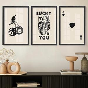 Heiple Framed Set of 3 Poker Wall Art Lucky You Poster, Trendy Retro Wall Art for Queen of Hearts Wall Art Rustic Vintage Farmhouse Home Wall Decor (Black, 16"x24")