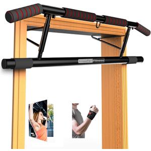 AmazeFan Pull Up Bar Doorway with Ergonomic Grip - Fitness Chin-Up Frame for Home Gym Exercise - Multi-Angle Grip - 2024 Upgrade Smart Hook (Fits Almost All Doors) (Black/Red)