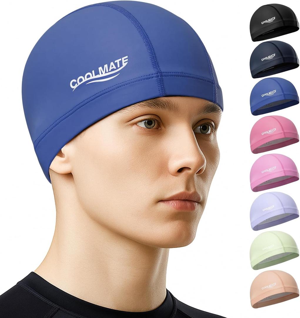 5 x COOLMATE Fabric Swim Cap for Women, Men & Kids  Silicone Water Resistant Layer, Lightweight Cloth Cap for Pool & Lap Swimming  Non-Slip Comfortable Fit, Gift for Swimmers (1 Pack) (Blue, L)