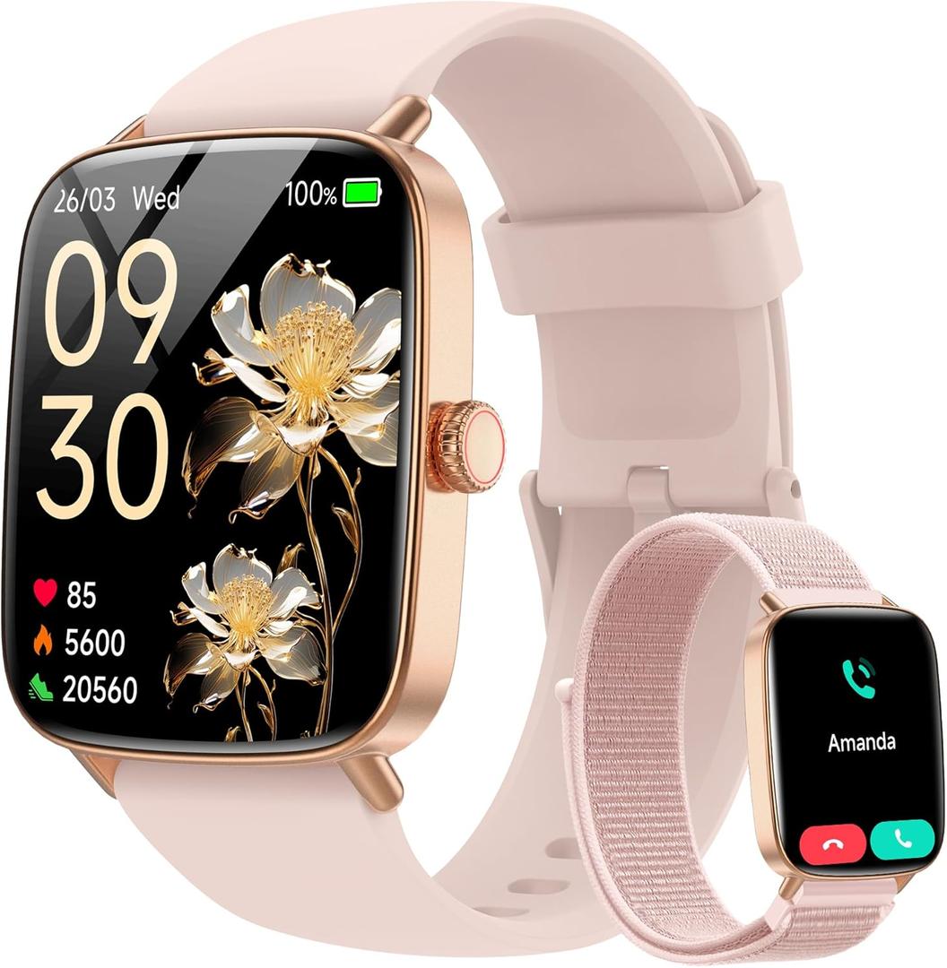 Smart Watch for Women, 1.85" HD Dynamic Dial Smartwatch for Android & iPhone with Answer/Make Call, Fitness Tracker with 110+ Sport Modes, Heart Rate/SpO2/Sleep Monitor, IP68 Waterproof (2 Bands) (Small, Pink)