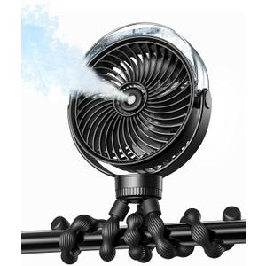 SWEETFULL Misting Stroller Fan – Portable Baby Fan with Spray Cooling, 4 Speeds, Quiet Rechargeable Fans for Travel, Outdoor, Golf Cart, Car Seat, Beach (Black)