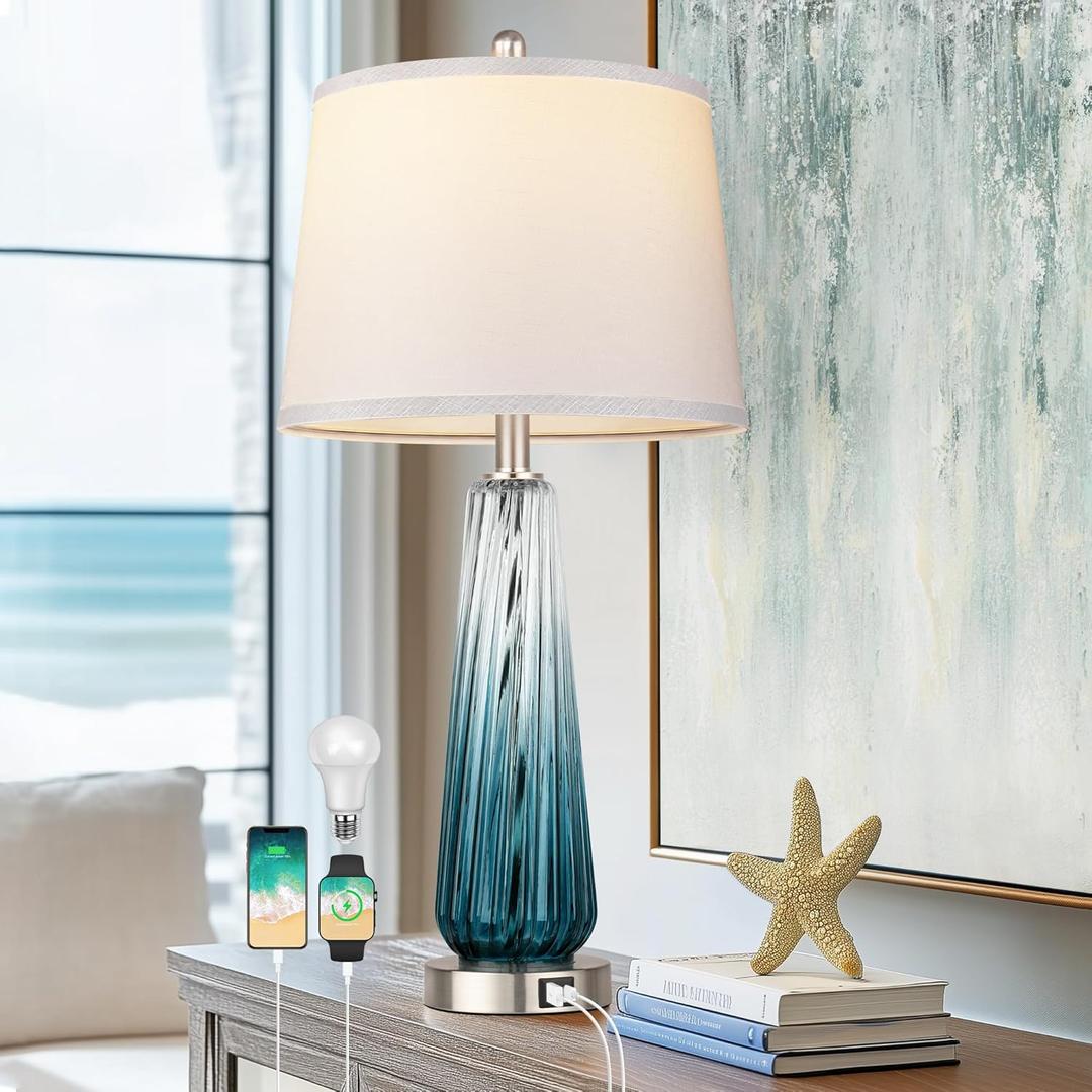 Glass Table Lamps for Living Room, Modern Bedside Lamps with USB A+C Ports, 3-Way Dimmable Touch Control Nightstand Lamp with White Linen Shade, 27.5" Large Lamps for Bedrooms Decor, Teal, Pack of 1 