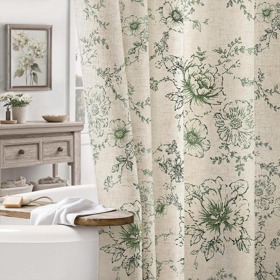 Farmhouse Floral Linen Shower Curtain, Vintage Green Spring Pattern Rustic Shower Curtains for Bathroom, Tan Taupe,72x72