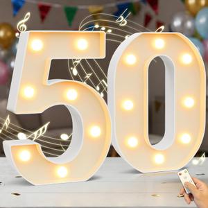 Marquee Numbers Lights Sign with Birthday Music, LED Decorative Light up Number 50 with Remote for Party Anniversary Decorations Wedding Christmas Home Decor, Battery Operated, White Plastic