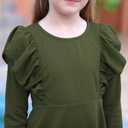 GORLYA Girl's Flutter Sleeve Stretchy A-Line Swing Flared Skater Party Dress with Pockets for 4-12 Years Kids (Olive-long Sleeve)