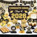 2 x Graduation Decorations Class of 2026, Black and Gold Grad Party Supplies with Congrats Grad Banner, Backdrop, Hanging Swirls, Balloons & Honeycomb for High School & College Graduation