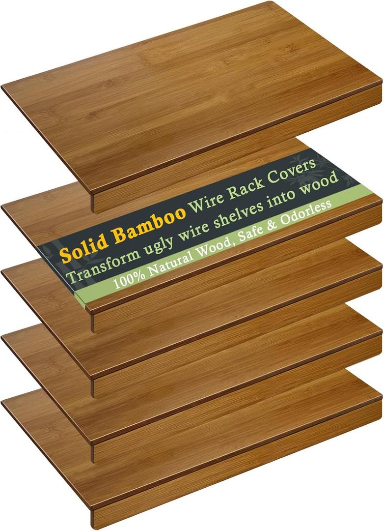 Solid Carbonized Bamboo Wire Shelf Covers for Wire Shelving, Wire Rack Covers for Pantry Shelves, Tool-Free & Snap-On (5pcs, 25" W x 12" D)