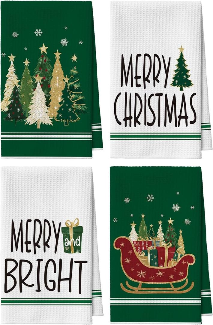 Artoid Mode Green Xmas Tree Star Sledge Christmas Bar Kitchen Towels, 12x24 Inch Quick Dry Microfiber Cloth Dish Towels for Kitchen Drying Set of 4
