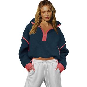LAMISSCHE Half Zip Sweatshirt Women Oversized Sherpa Jacket V Neck Fleece Pullover Hoodie with Pockets (Small, Navy)