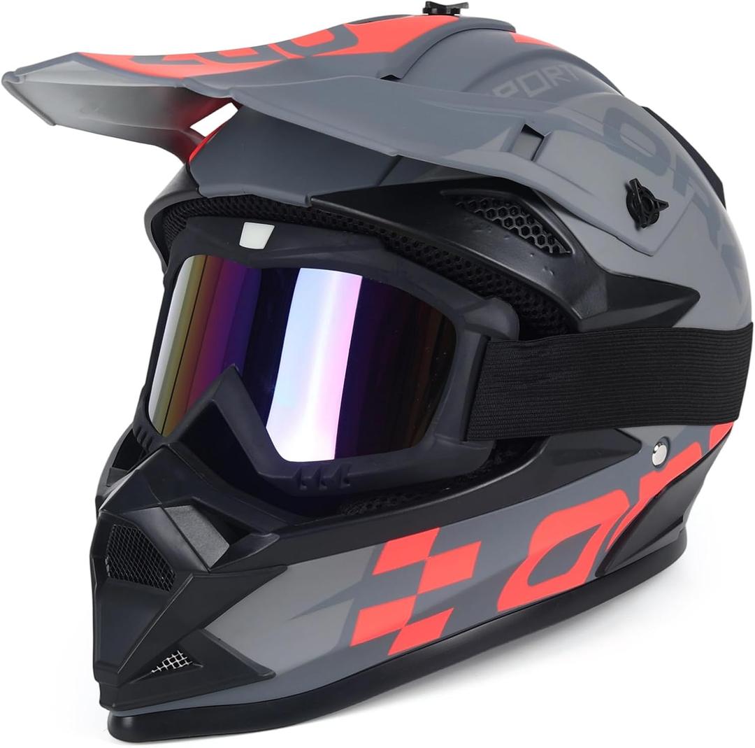 Adult Dirt Bike Helmet Motorcycle Racing Street Bike Off-Road Mountain Bike BMX MX ATV Helmet with Cycling Glasses and Visor for Unisex-Adult (Cement Gray (with goggles))