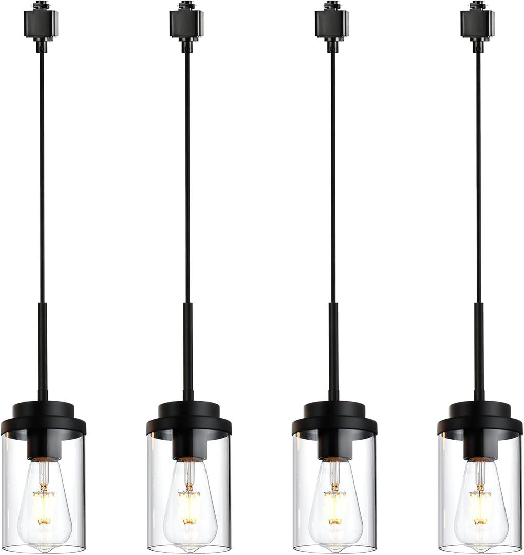 MELUCEE 4 Pack H-Type Track Lighting Pendants Black Ceiling Track Hanging Light Fixtures with Clear Glass Shades, Compatible with H Type Track Lighting Rail, E26 Socket
